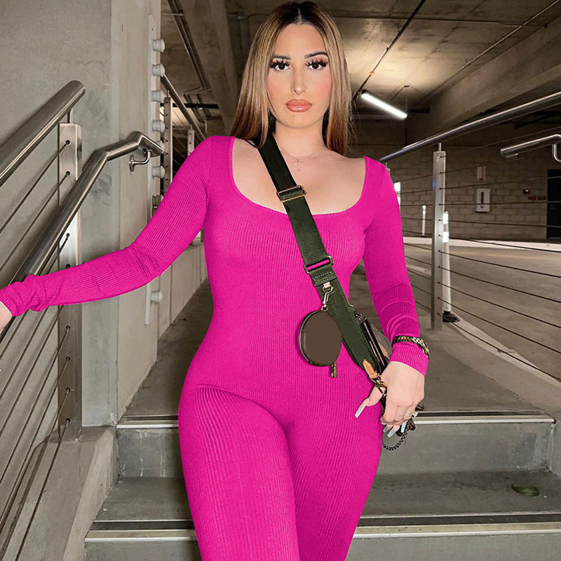 Damen Figurbetontes Langarm-Jumpsuit aus Rippmaterial WW