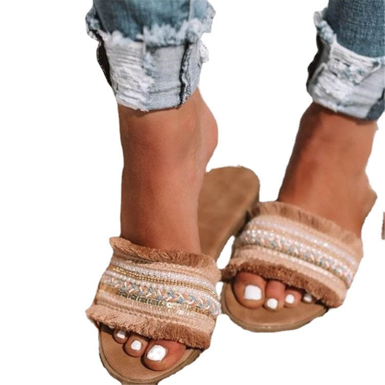 Damen Freizeit-Pantoletten mit flauschigem Design und dekorativen Fransen WW