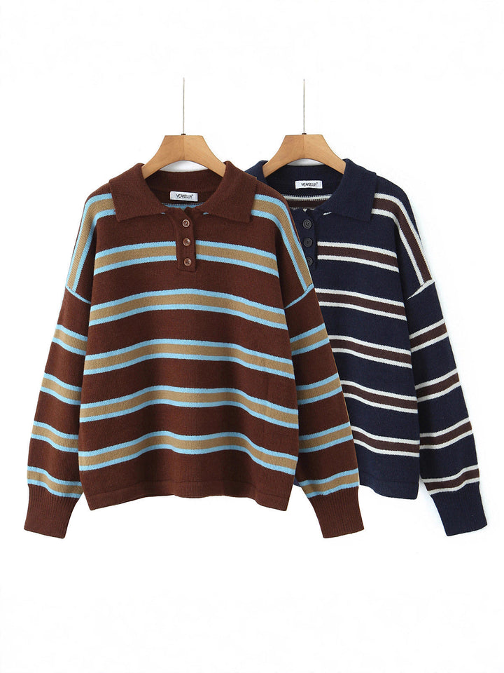 Damen modischer Polo-Pullover mit gestreiftem Design und Knopfleiste W&W Mode