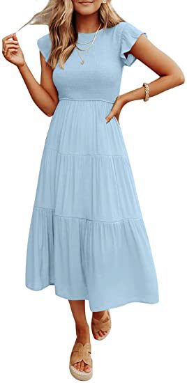 Damen Midikleid mit gesmoktem Oberteil und voluminösem Rock WW