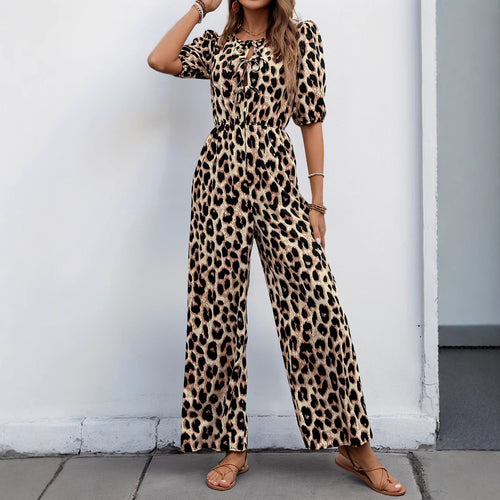 Damen Jumpsuit mit elegantem Wickelausschnitt und modischem Leopardenmuster WW