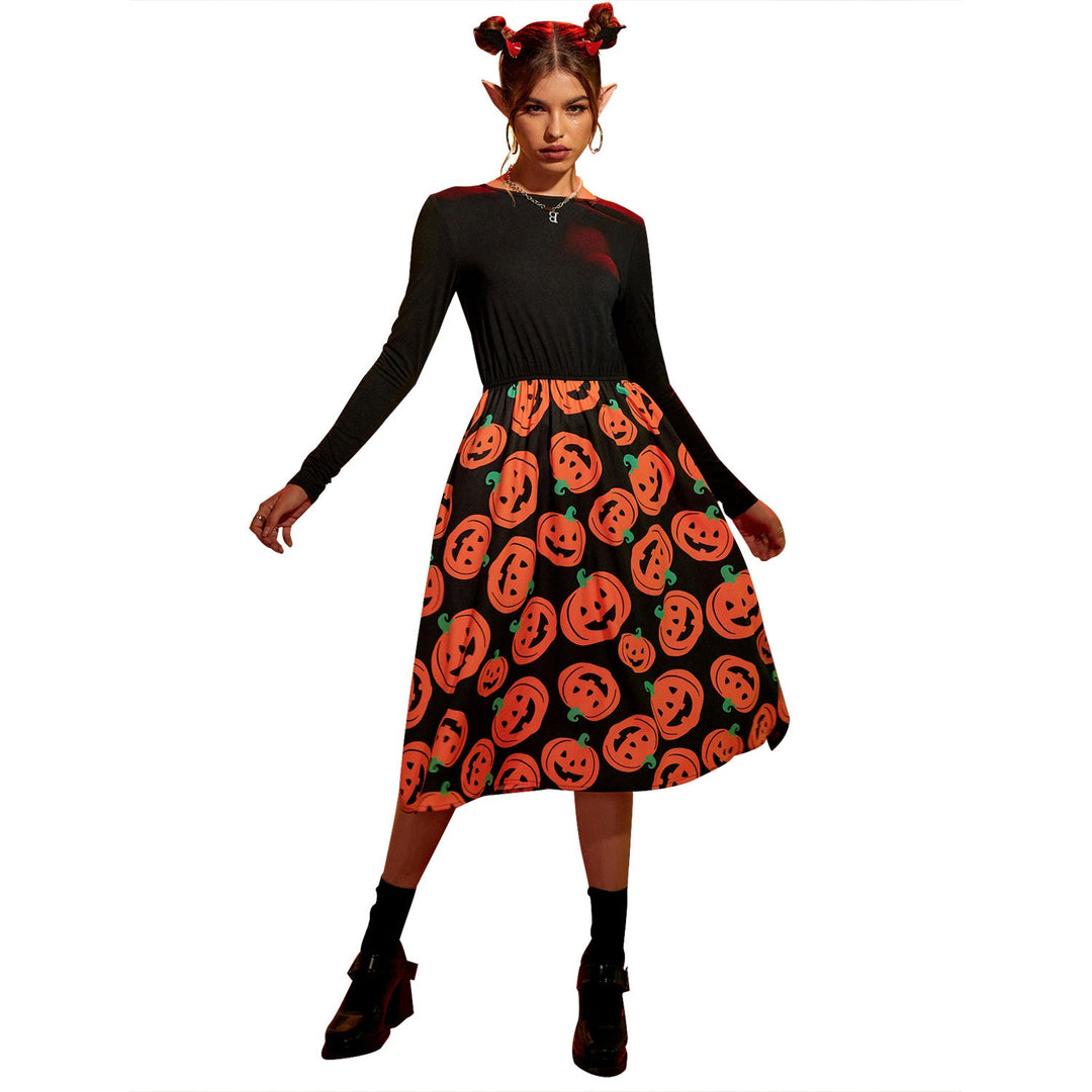 Damen Midikleid mit langen Ärmeln und Halloween-Motiv W&W Mode