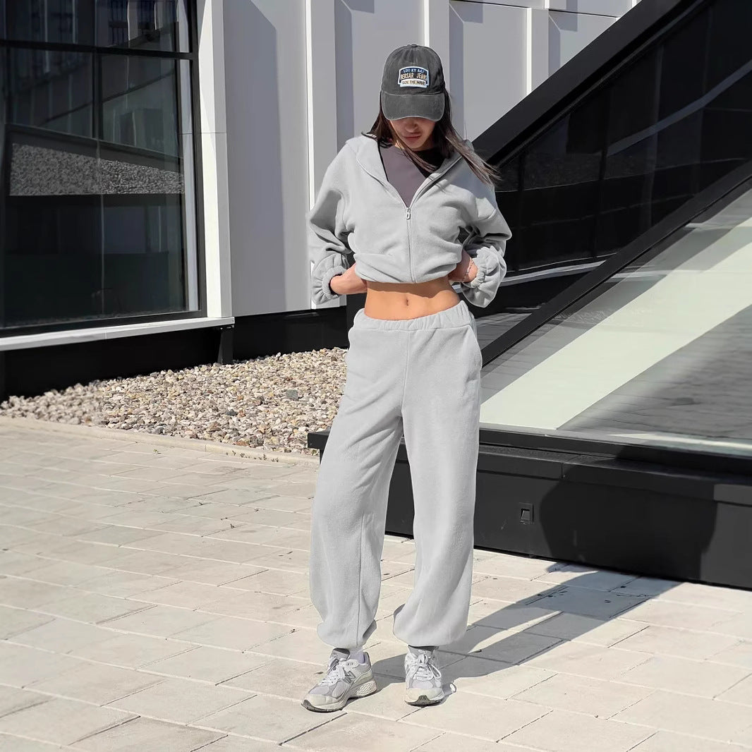 Damen sportlicher Fleece-Loungewear-Anzug mit hohem Kragen WW