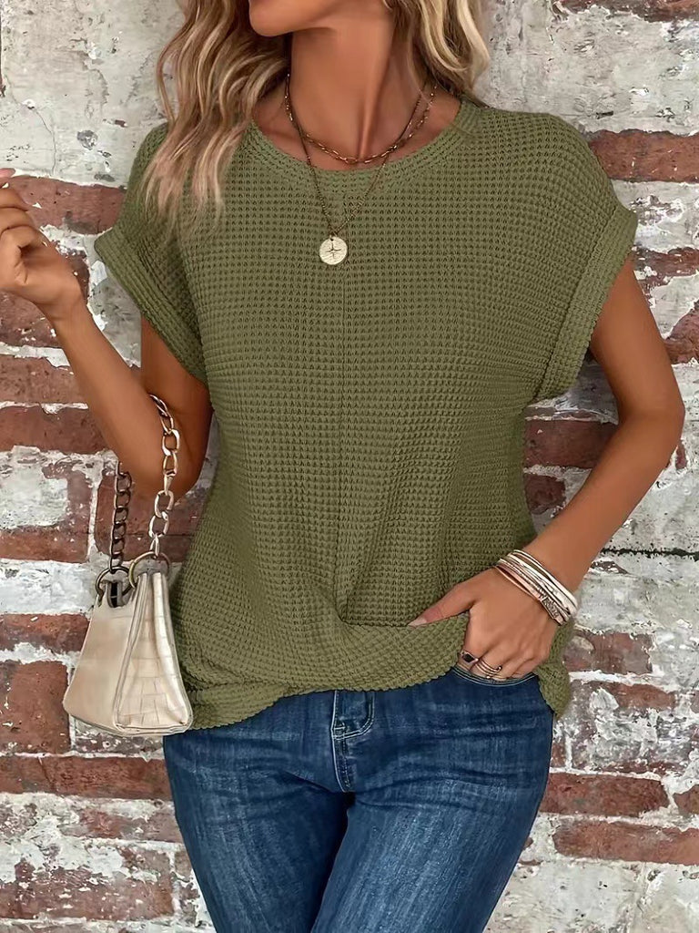 Damen lässiges Waffelshirt mit kurzem Arm und lockerer Passform WW