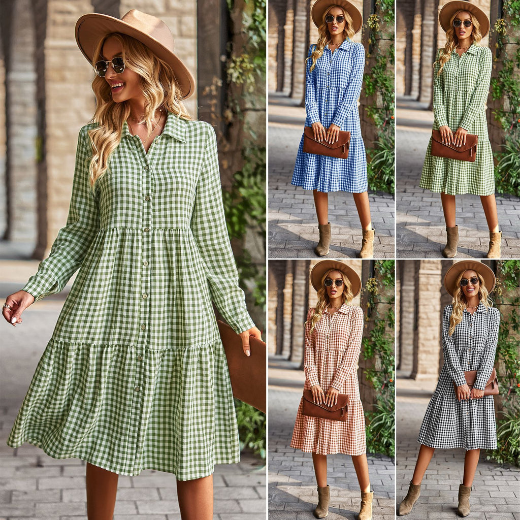 Damen karierte Midi-Bluse mit Knopfleiste und ausgestelltem Rock WW