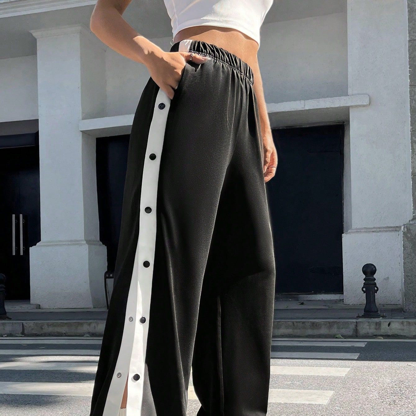 Damen Sportliche Palazzo-Hosen mit seitlichen Druckknöpfen und elastischem Bund WW