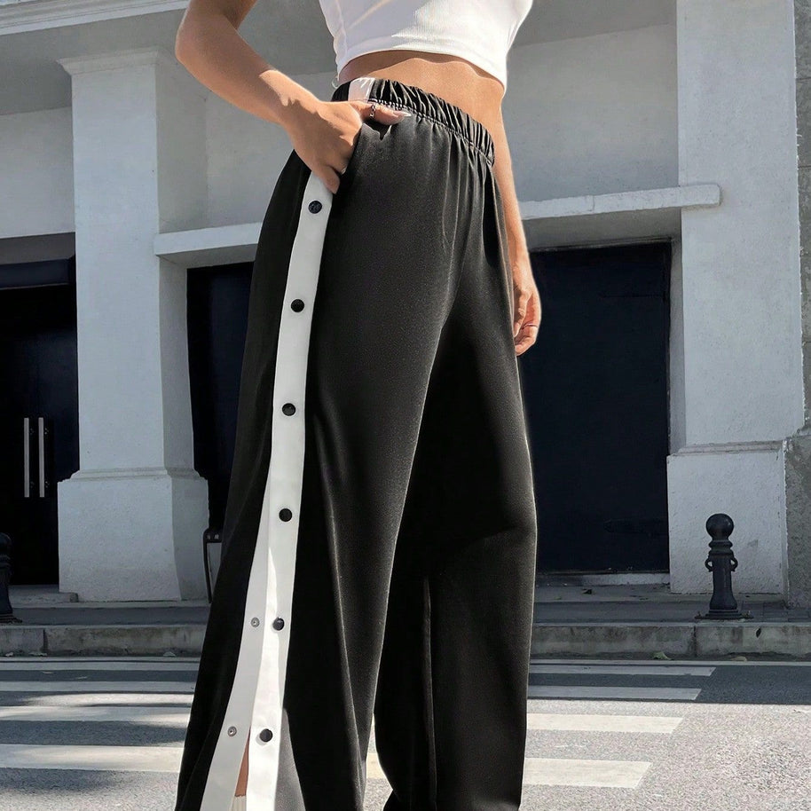Damen Sportliche Palazzo-Hosen mit seitlichen Druckknöpfen und elastischem Bund WW
