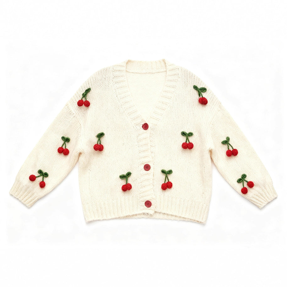 Damen Strickjacke mit fröhlichem Kirschdesign und praktischen Knopfdetails WW