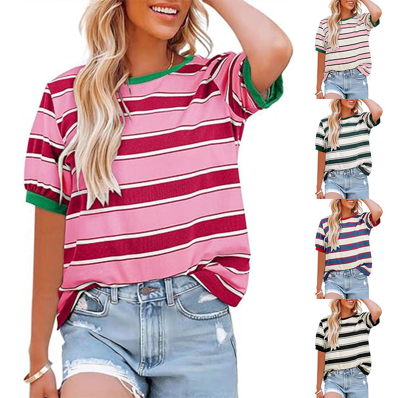 Damen lässiges Streifen T-Shirt mit Kurzarm und Rundhalsausschnitt WW