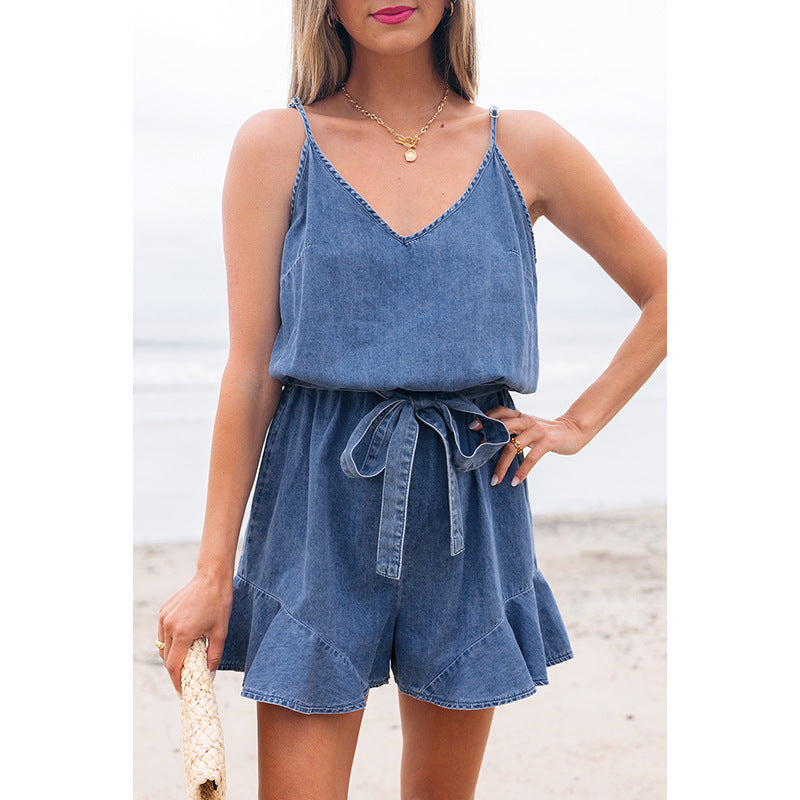Damen Denim Jumpsuit mit Volant und verstellbarem Taillenzug WW