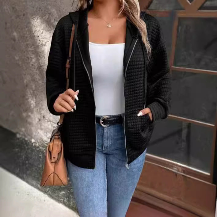Damen lockere Kapuzenjacke mit strukturierter Waffeloberfläche und praktischen Taschen W&W Mode