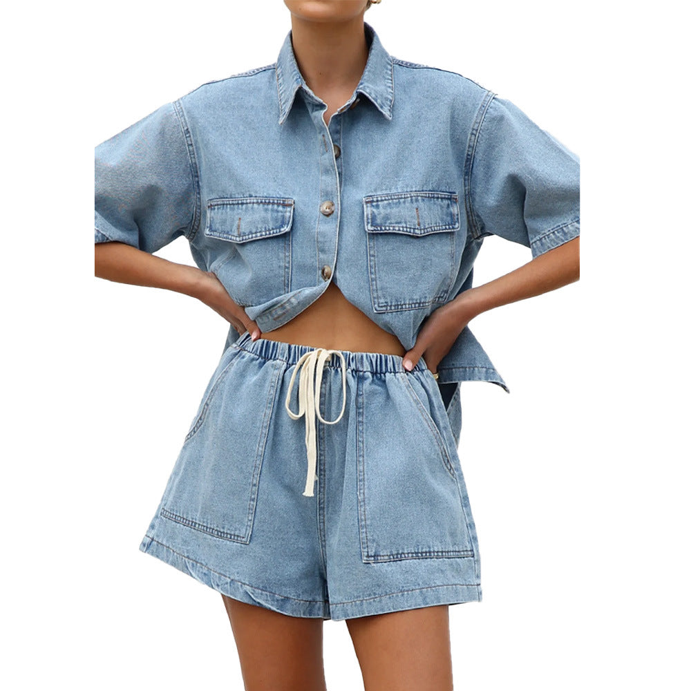 WW | Lässiges Taschen-Kurzarm-Shirt Shorts Denim Set