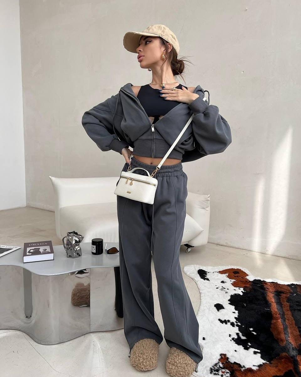Damen sportliches Cropped-Set mit Reißverschluss und bequemen weiten Hosen WW