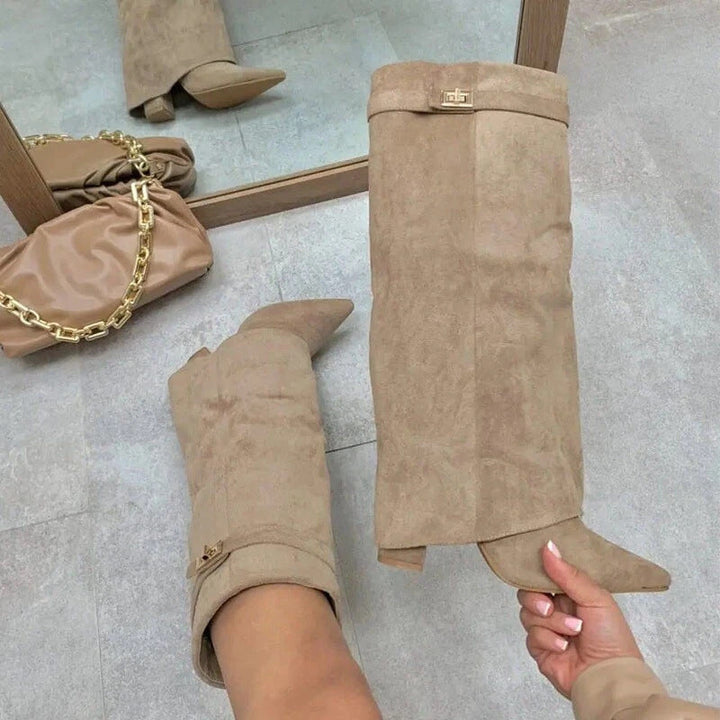 W&W Mode | Elegante Damenstiefel Aus Hochwertigem Suede Mit Goldenen Akzenten