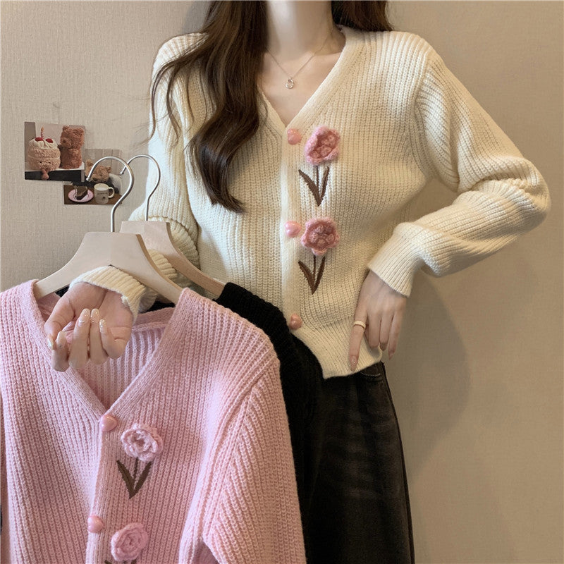 Damen Strickjacke mit floralen Applikationen WW