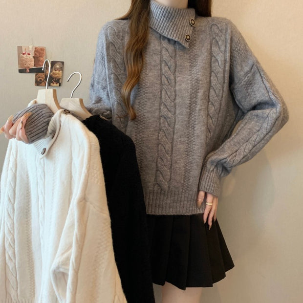 Damen Strickpullover mit Stehkragen und Zopfmuster WW