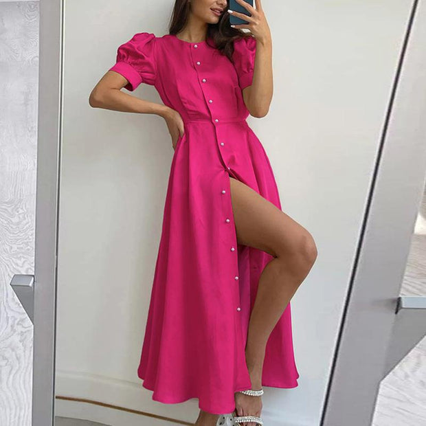 Damen Elegantes Maxikleid mit durchgehender Knopfleiste und asymmetrischem Schlitz WW