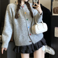 Damen Strickjacke mit bunten Knöpfen und gesticktem Motiv WW