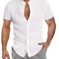 Herren Kurzarm Leinenhemd mit Stehkragen und dezenter Knopfleiste WW