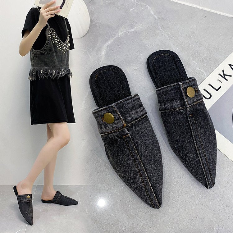 Damen Offene Mules mit elegantem Denim-Design und modischer Spitze W&W Mode