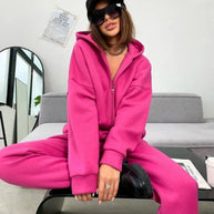 Damen bequemer Fleece-Jumpsuit mit Kapuze und seitlichem Reißverschluss WW