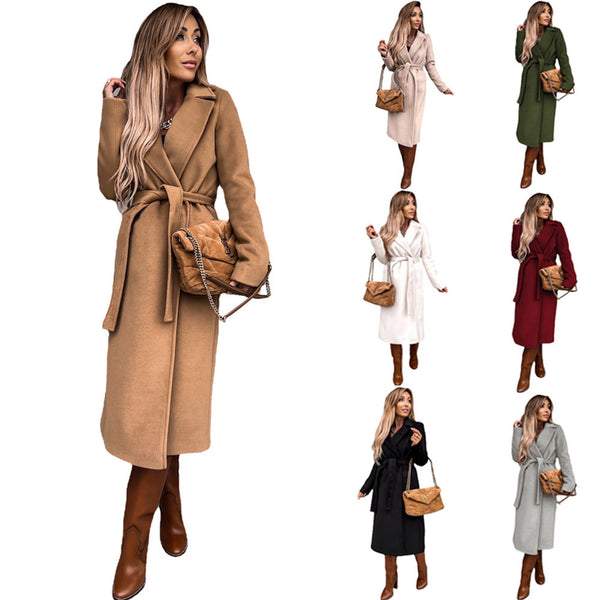 Damen eleganter Trenchcoat mit Bindegürtel und strukturiertem Material WW