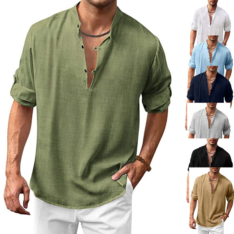 Herren Casual Leinenhemd mit modischem V-Ausschnitt und funktionalen Knopfdetails WW