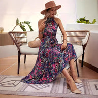 Damen Maxikleid im Boho-Stil mit elegantem Halterneck und seitlichem Bindegürtel WW