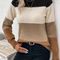 Damen Rundhals Strickpullover mit modernen Farbkombinationen WW