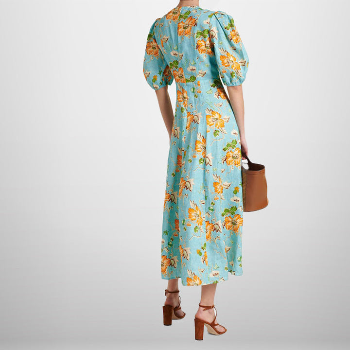 Damen Midikleid mit voluminösen Puffärmeln und floralem Muster W&W Mode