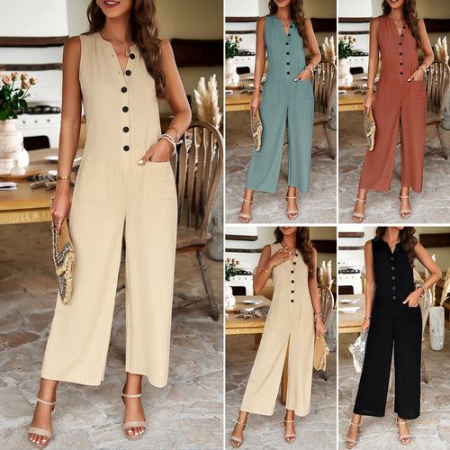 Damen lässiger Jumpsuit mit weiten Beinen und Knopfleiste WW