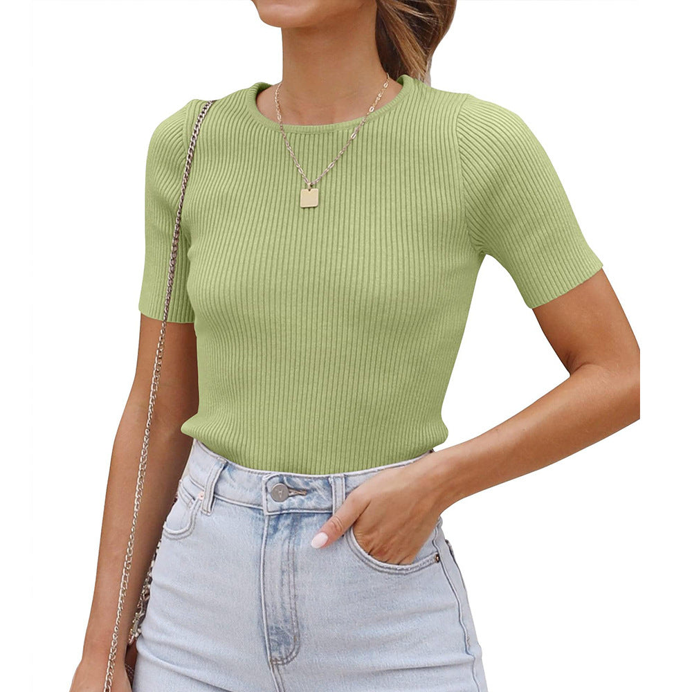Damen figurbetontes T-Shirt mit feiner Rippstruktur und Rundhalsausschnitt WW