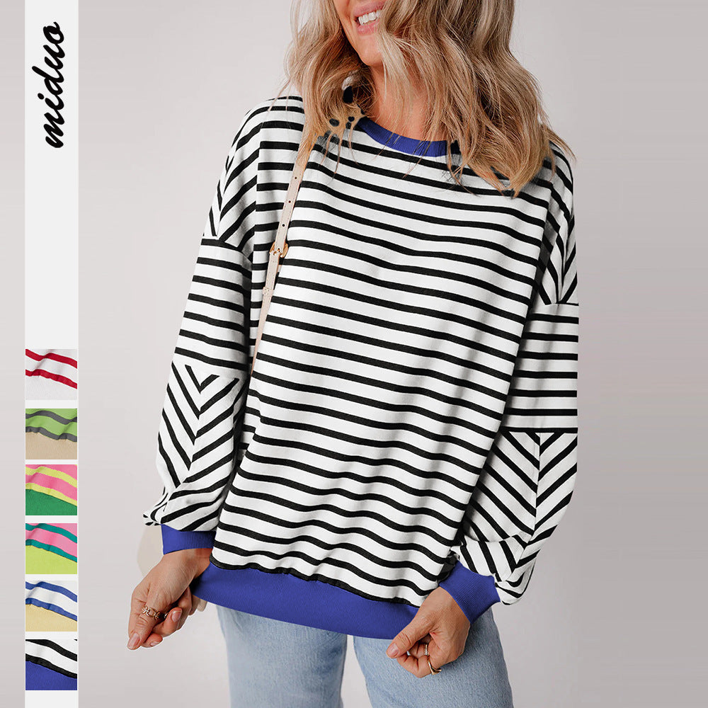 Damen lässiges gestreiftes Sweatshirt mit Boxy-Schnitt und kontrastierenden Abschlüssen WW