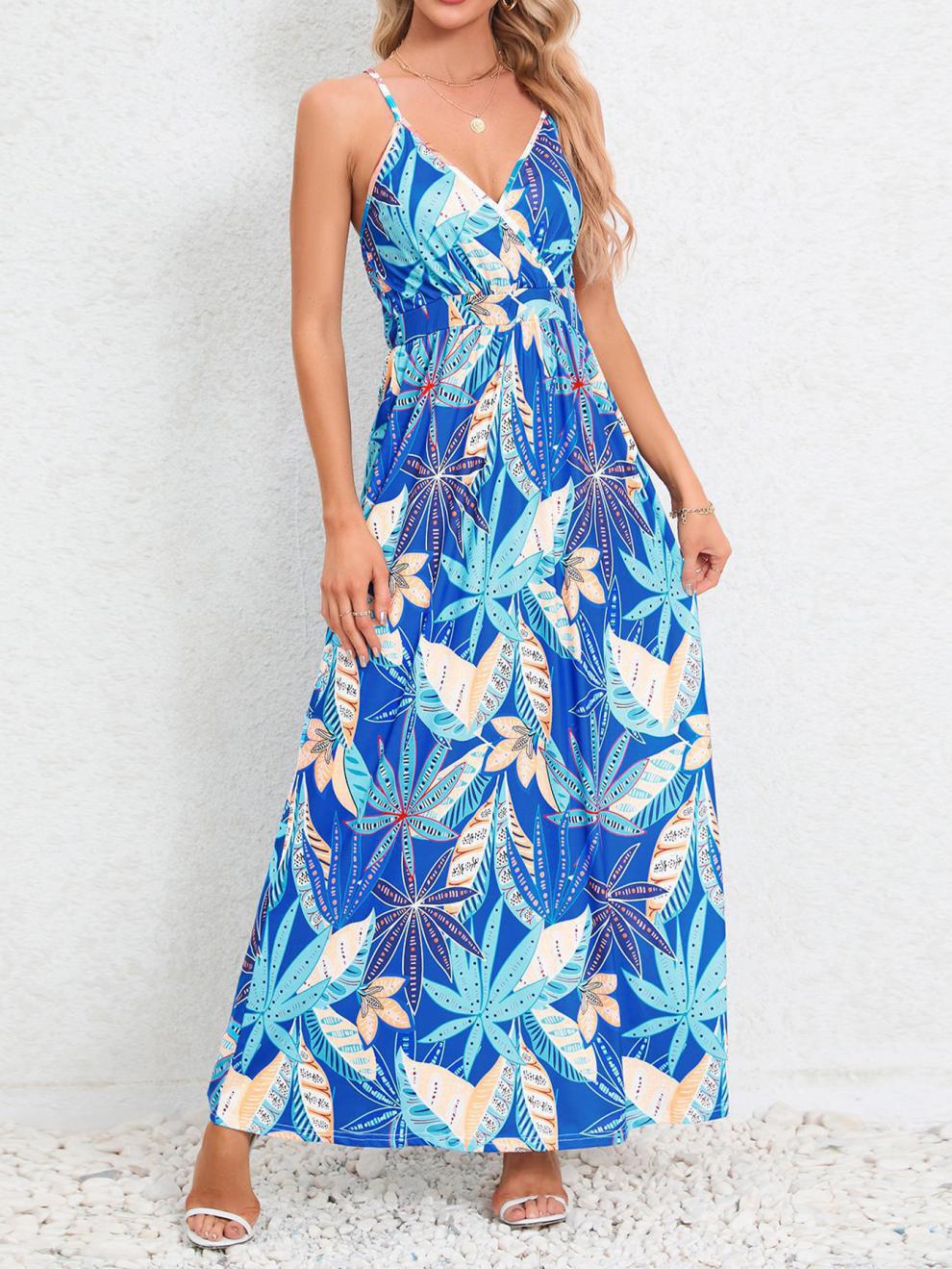 Damen Maxikleid mit zartem V-Ausschnitt und buntem Pflanzenmuster WW