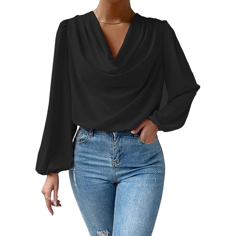 Damen elegante Bluse mit asymmetrischem Kragen und langen Puffärmeln WW
