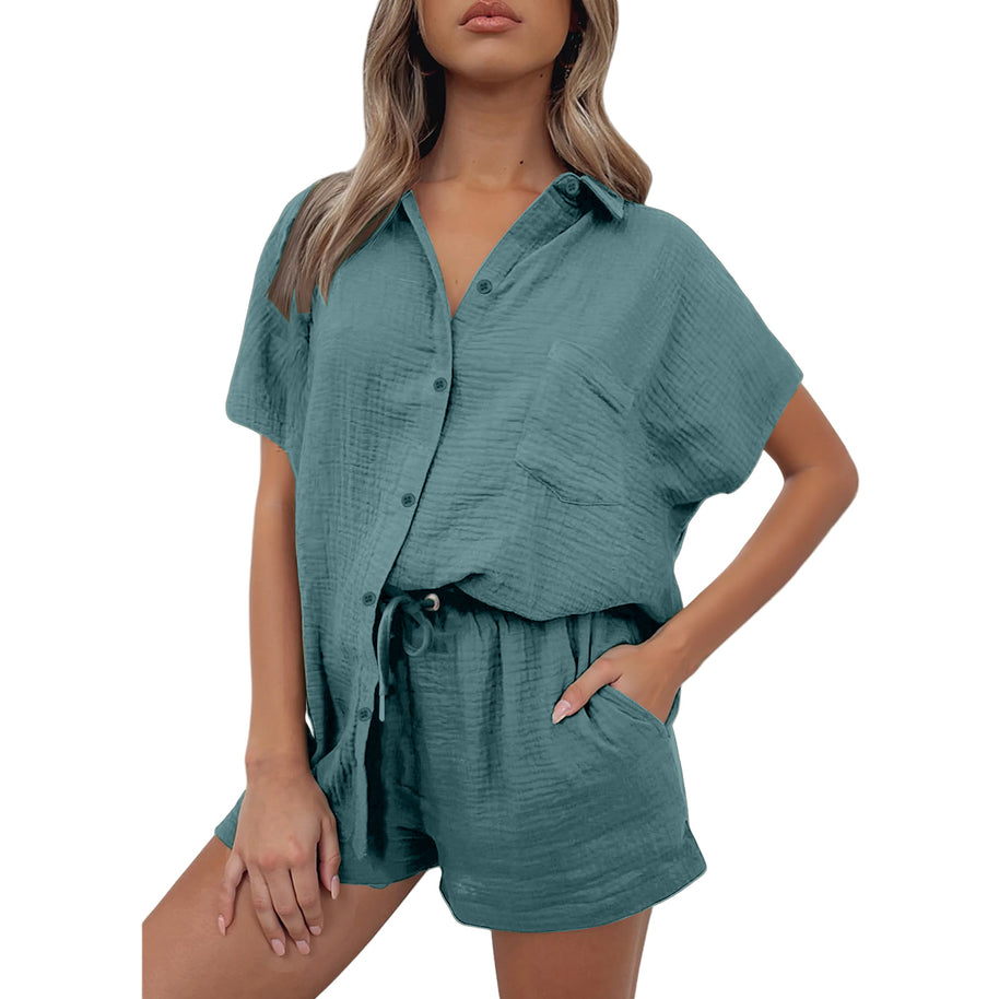 Damen lässiges Kurzarm-Hemd und Shorts Set aus strapazierfähigem Baumwollmaterial mit praktischen Taschen und elastischem Bund WW