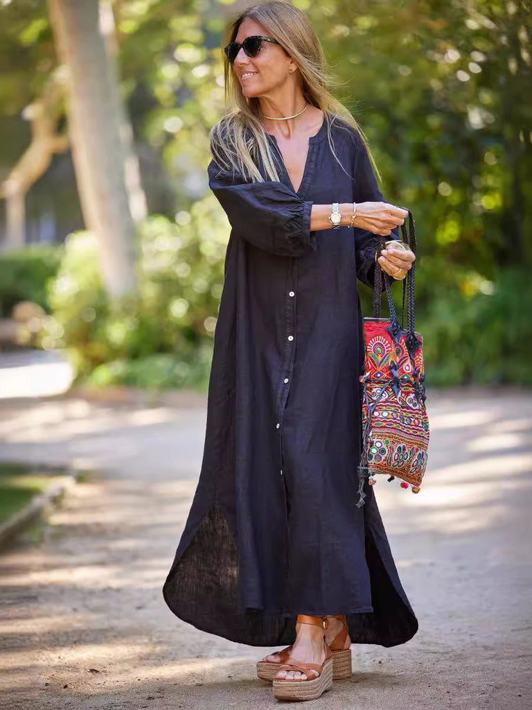Damen Maxikleid mit Knöpfen und eleganten Ärmeln WW