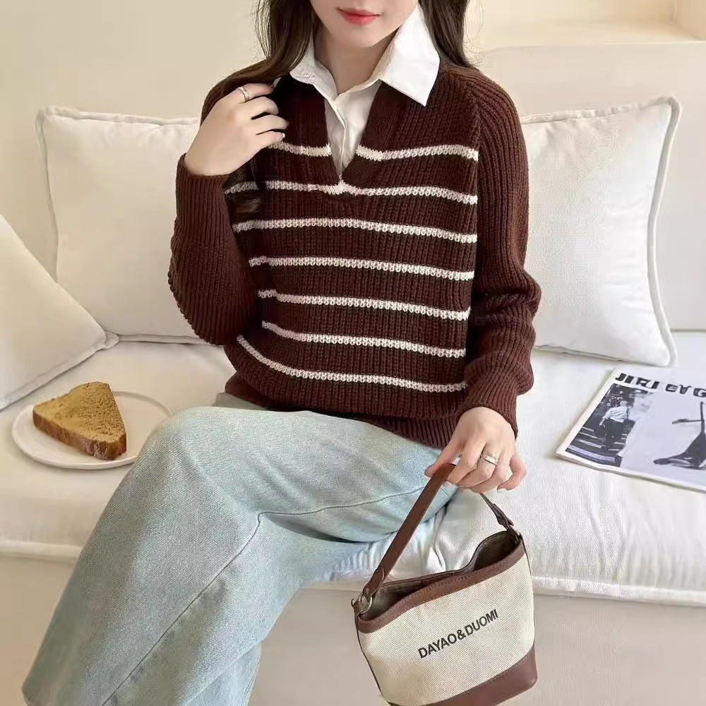 Damen Strickpullover mit V-Ausschnitt und gestreiftem Design WW