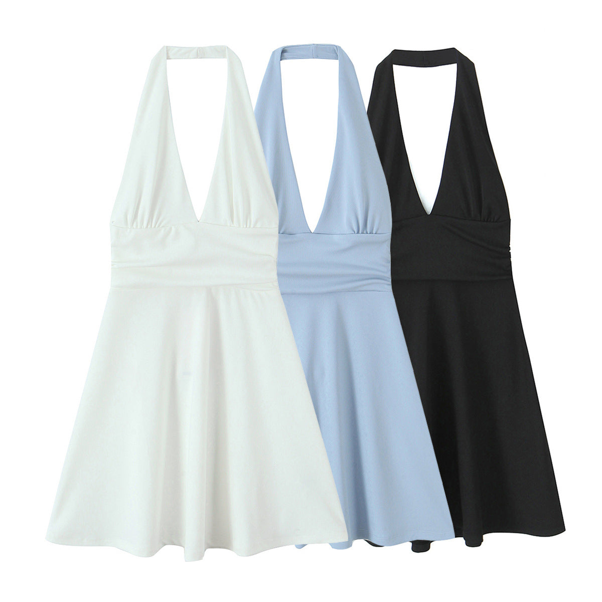 Damen Halterkleid mit tiefem V-Ausschnitt und fließendem Rock WW
