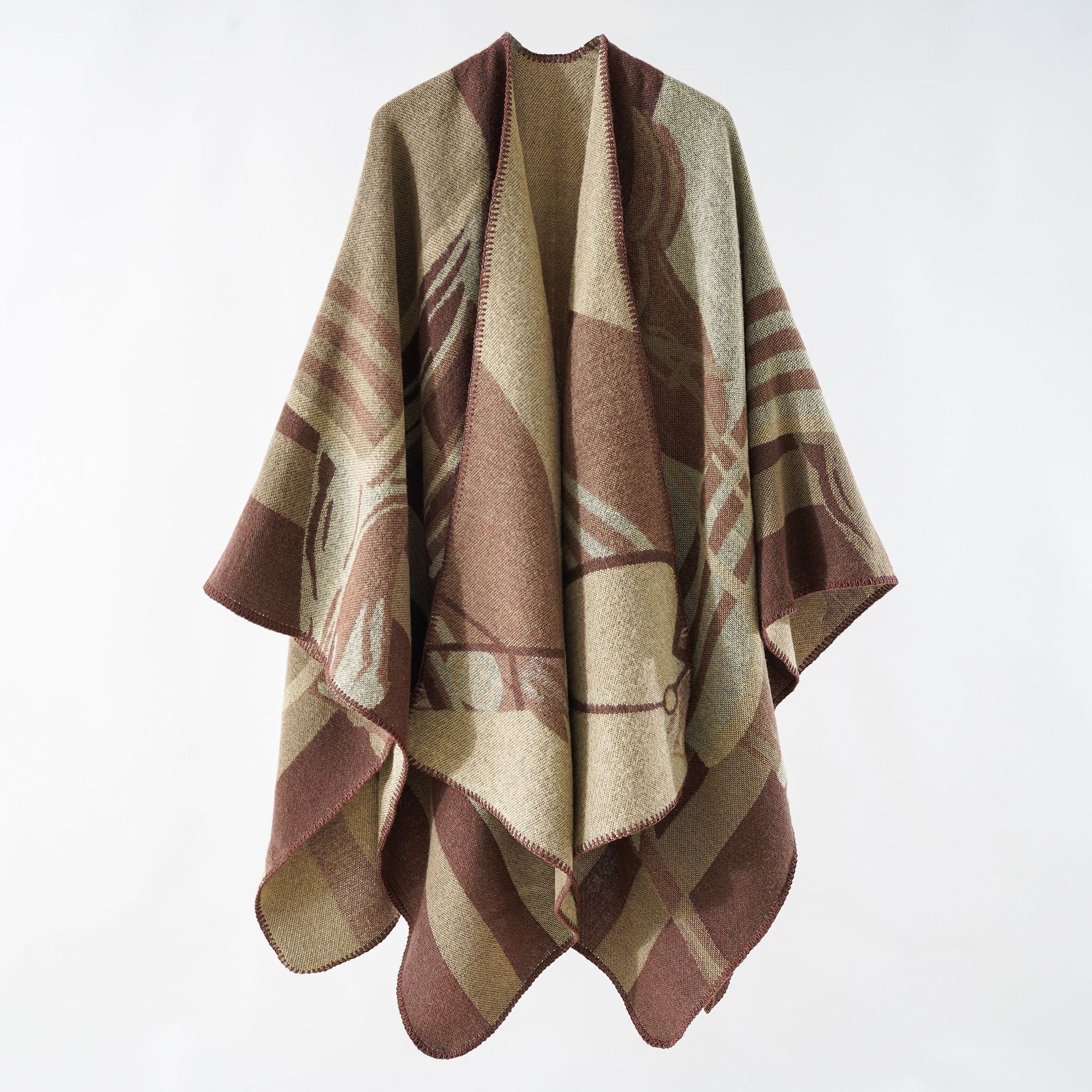 Damen eleganter Strickponcho mit kunstvollem Muster und feinen Fransen WW