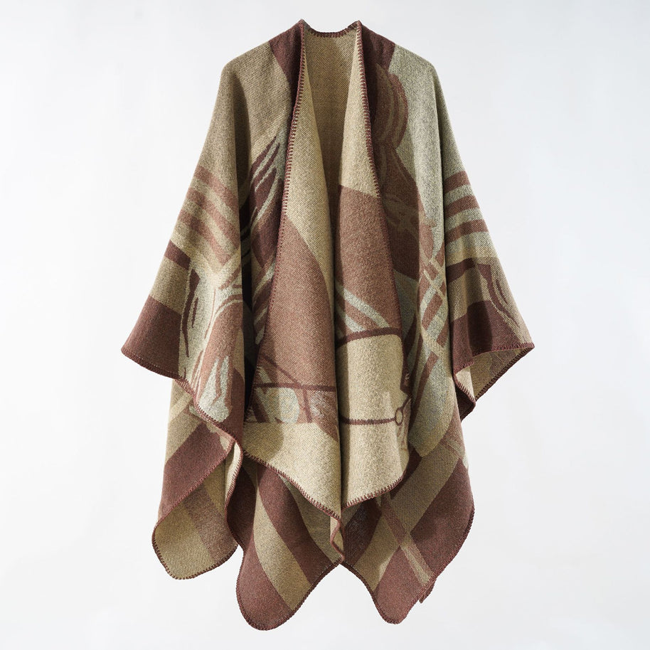 Damen eleganter Strickponcho mit kunstvollem Muster und feinen Fransen WW
