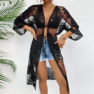 Damen Schicker Häkel-Strandüberwurf mit voluminösen Ärmel und elegantem Design WW