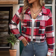 Damen cropped Karo-Jacke mit praktischen Taschen und modischen Details WW