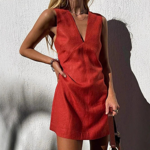 WW | Baumwoll-Leinen V-Ausschnitt ärmelloses Slim Fit Tankkleid