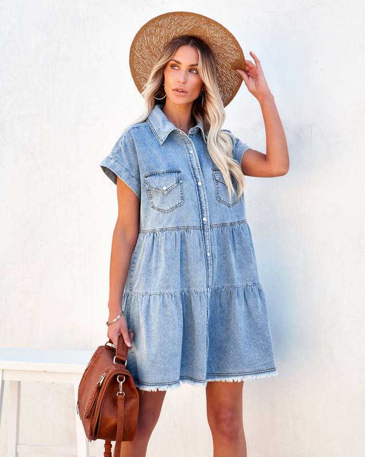 Damen Jeanshemd Kleid mit lässigem Schnitt und Taschen WW