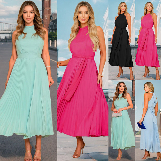 Damen Plissee Maxikleid mit elegantem Rundhalsausschnitt und fließendem Fall WW