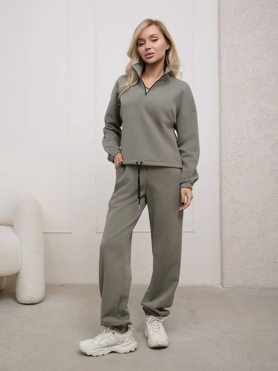 Damen Sportliches Loungewear-Set mit halbem Reißverschluss und elastischem Bund WW