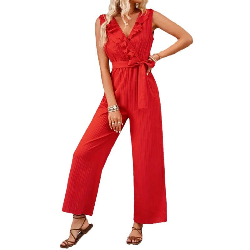 Damen eleganter Jumpsuit mit Rüschendetails und Taillengürtel W&W