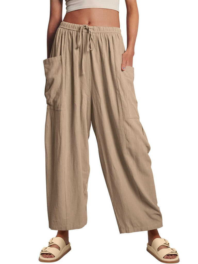 Damen lässige weit geschnittene Leinenhose mit praktischen Taschen und elastischem Bund WW
