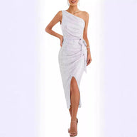 Damen asymmetrisches Abendkleid mit Pailletten und hohem Schlitz WW